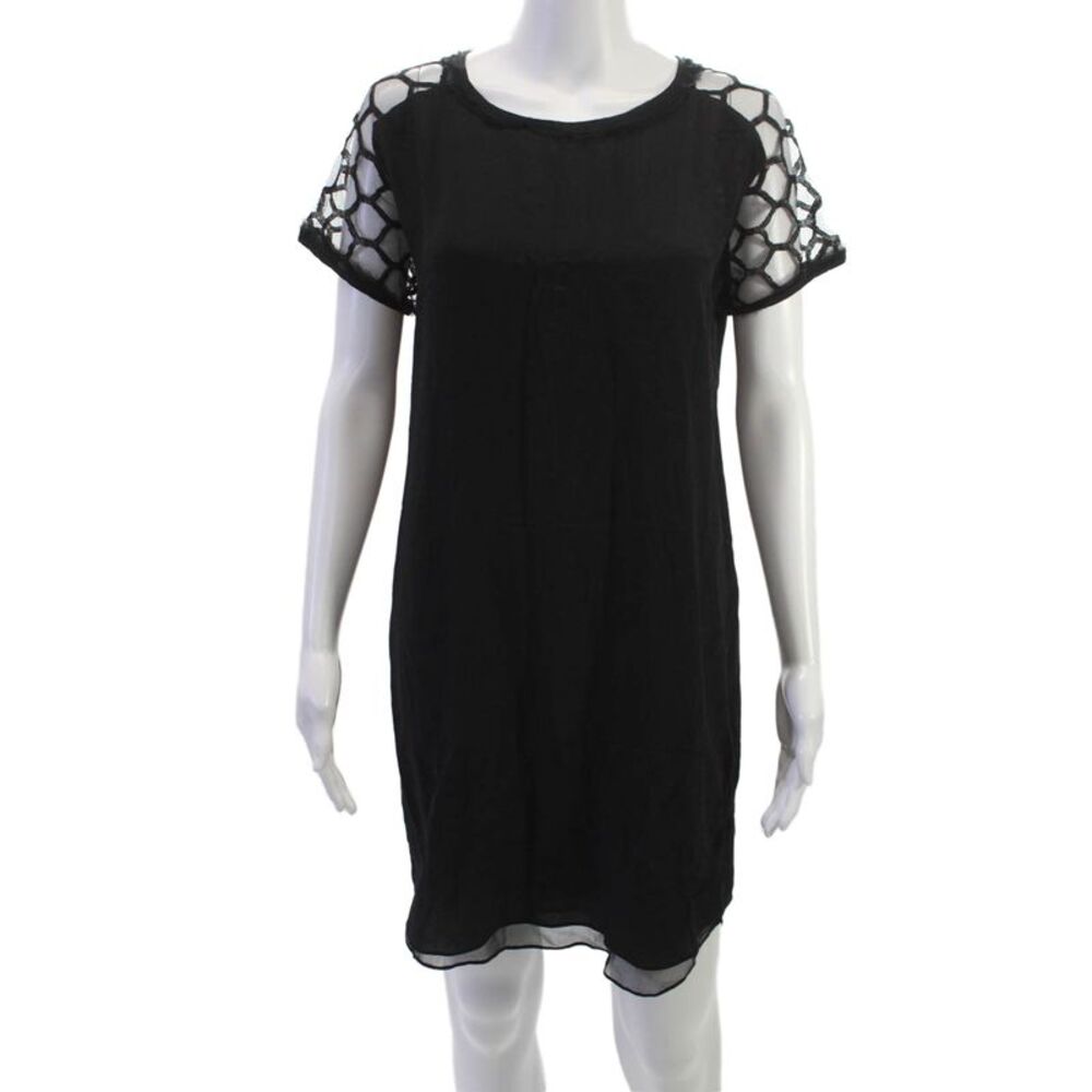 Jonathan Simkhai Women Shift Dress Black Silk Short Sleeve Round Neck Size M